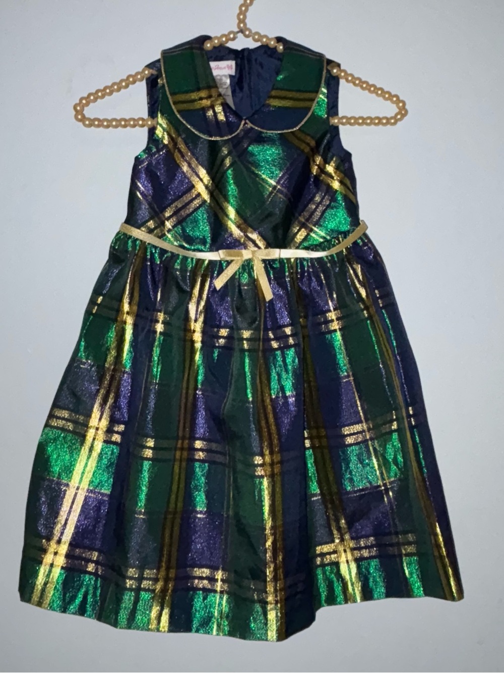Bonnie Jean Green, Blue & Gold Metallic Plaid Party Dress Size 7